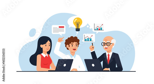Team brainstorming session: diverse colleagues collaborating on a new business idea, perfect for website banners or marketing materials.