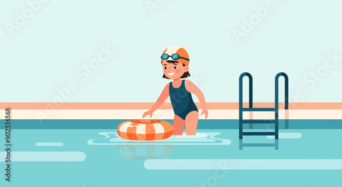 Girl Enjoying Summer Vacation Swimming in The Pool Illustration With Inflatable Ring