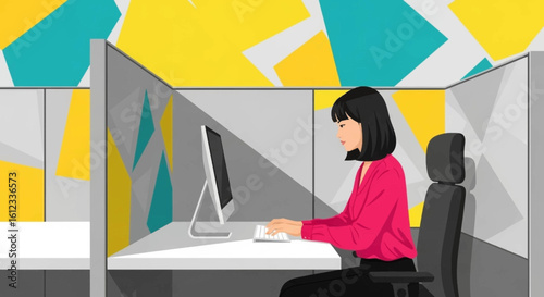 Modern Office Worker at Desk, Illustration for Website or Brochure