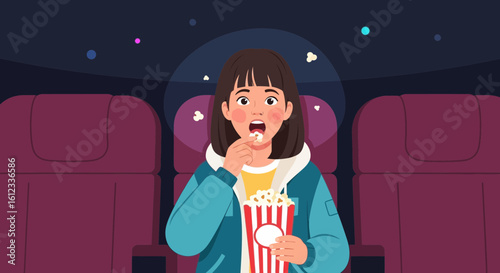 Excited Young Woman Enjoying Movie Snack In Cinema Theater Experience