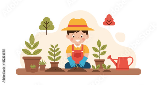 Happy Kid Engaged In Gardening Activity Planting Vegetables In The Backyard