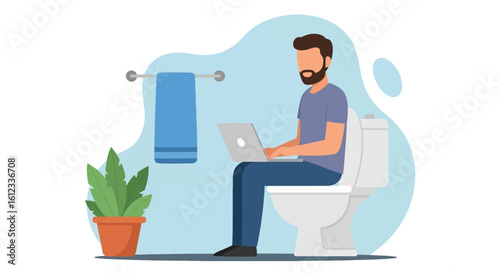 Man working on laptop while sitting on toilet - Illustration for articles about work-life balance, remote work challenges, or humorous content.
