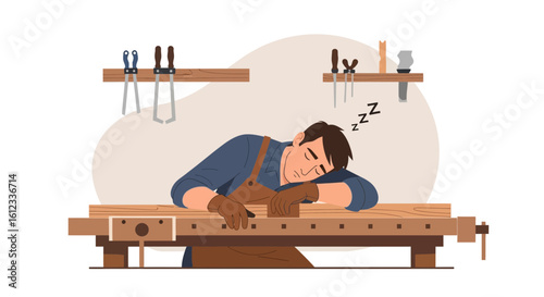 Exhausted Carpenter Taking A Break Sleeping On Workbench After Long Working Day