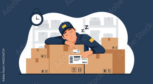 Exhausted Delivery Worker Sleeping On Parcels After a Long Day Work