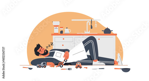 Exhausted Dad Napping On The Kitchen Floor Surrounded By Childrens Toys