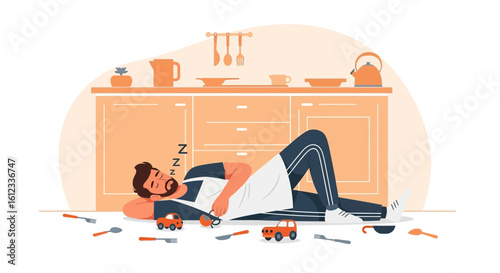 Exhausted Father Asleep on the Kitchen Floor Among Toys and Utensils