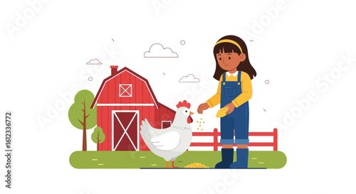 Girl Feeding Chicken On A Rural Farm Countryside Environment With Red Barn