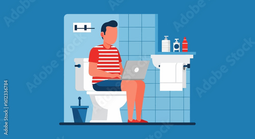 Man working on laptop while sitting on toilet, humorous illustration for website or social media.