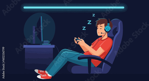 Exhausted Gamer Falling Asleep While Playing Video Game in Chair