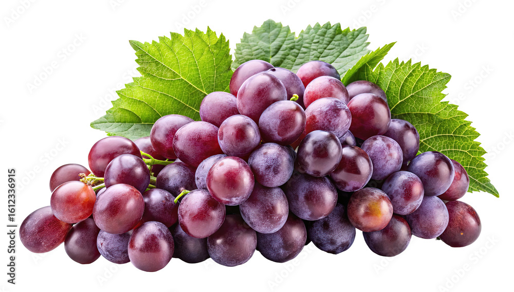 Obraz premium A ripe bunch of juicy red grapes with vibrant green leaves presented isolated on transparent background