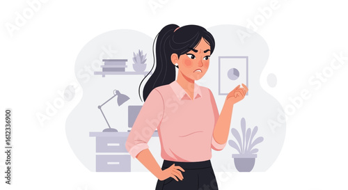 Frustrated businesswoman reviewing business charts, perfect for presentations on workplace stress or marketing challenges.