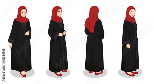 Elegant Muslim woman in traditional abaya and hijab showcased from multiple angles, embodying modern modesty and cultural grace.