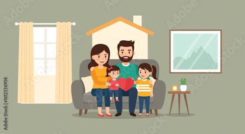 Happy family sitting on a couch at home, perfect for family, home, and love concepts.