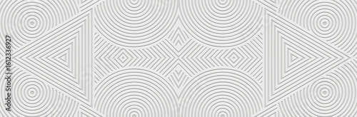 Banner, cover design, wallpaper, fresco. Ethnic original pattern on a white background. Geometric figures. 3D, embossing. Ornaments, arabesques, mandala of the East, Asia, India, Mexico, Aztecs, Peru.