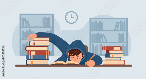 Exhausted Student Asleep On Books In The Library After Studying Hard