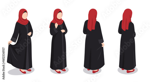 Elegant Muslim woman in traditional abaya and hijab, showcased from multiple angles for versatile fashion and cultural representation
