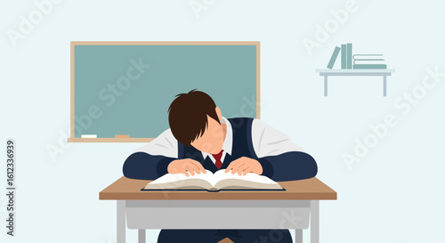 Exhausted Student Drowsing Over His Textbooks During Study Session At School