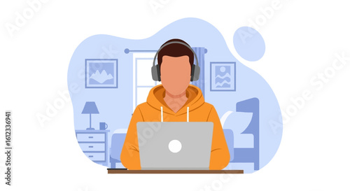 Person working from home on laptop, wearing headphones. Ideal for blog posts, websites, and articles about remote work.