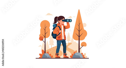 Girl Hiker Discovering Nature Using Binoculars In Forest During Autumn Season