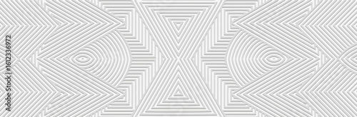 Banner, cover design, wallpaper, fresco. Ethnic linear pattern on a white background. Geometric figures. 3D, embossing. Ornaments, arabesques, mandala of the East, Asia, India, Mexico, Aztecs, Peru.