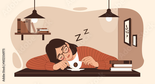 Exhausted Student Napping Beside Coffee Cup In Cozy Interior With Books