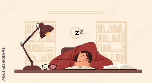 Exhausted Student Napping On Books After Studying Late At Night