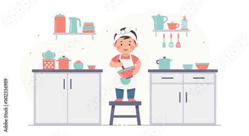 Happy Little Chef Mixing Dough On A Stool In The Kitchen Room