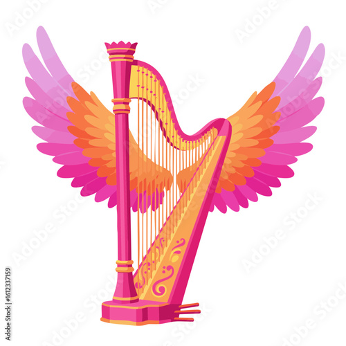 Vector illustration of harp with wings on white background, fantasy and music concept