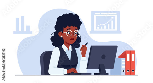 Worried businesswoman reviewing data on computer screen, perfect for illustrating business challenges or problem-solving concepts on websites and presentations.