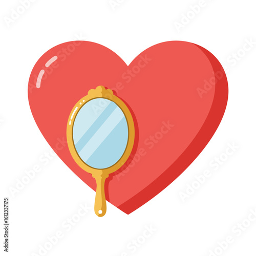 Vector illustration of heart with mirror on white background, love and self-reflection concept