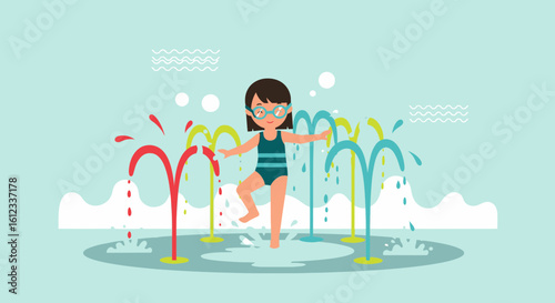 Happy Little Girl Enjoying Summer Fun at The Waterpark Playground Splashpad