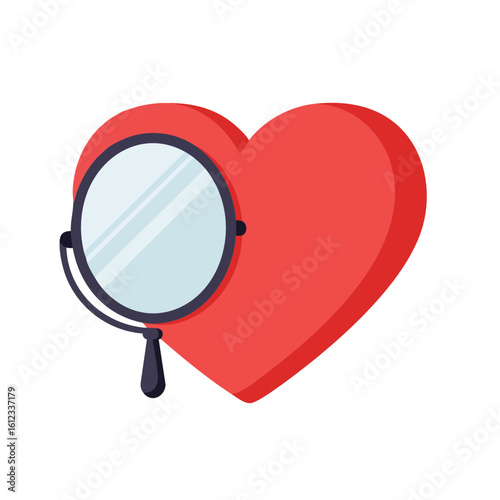 Vector illustration of heart with mirror on white background, love and self-reflection concept