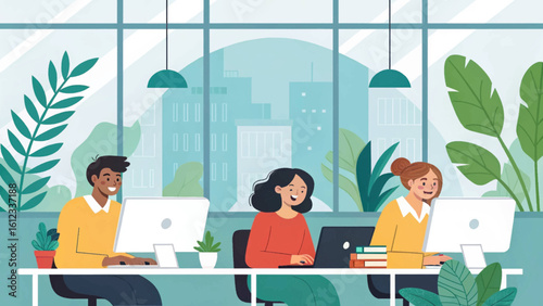 Diverse team of coworkers collaborating in a modern, plant-filled office. Ideal for websites, presentations, and marketing materials.