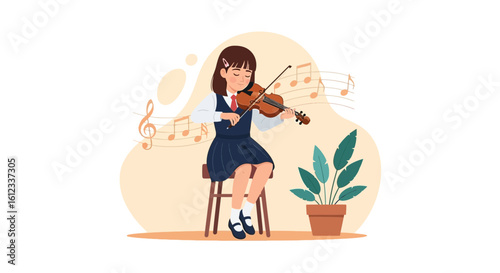 Girl In Uniform Playing Violin In The Room With Musical Notes Concept