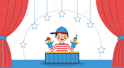Happy Little Showman Performing Puppet Show With Joyful Expression