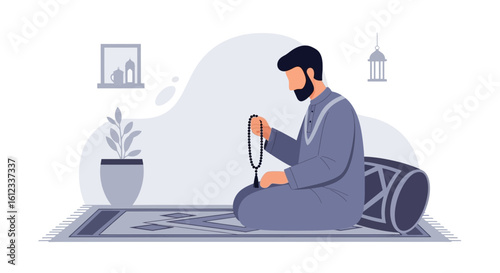 Faithful Muslim Man Engaged In Quiet Prayer At Home During Ramadan
