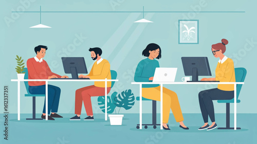 Diverse team of coworkers working together in a modern office, perfect for illustrating collaboration and teamwork on a company website or brochure.