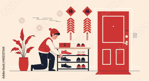 Happy Lunar New Year Preparation Putting Shoes Away for Good Luck
