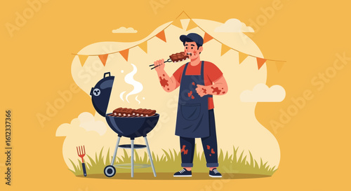 Happy Man Enjoying Barbecue At Outdoor Cookout Party And Delicious Ribs