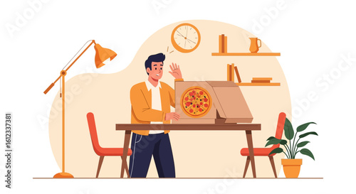 Happy Man Receives Delicious Pizza Delivery At Home For Dinner Time
