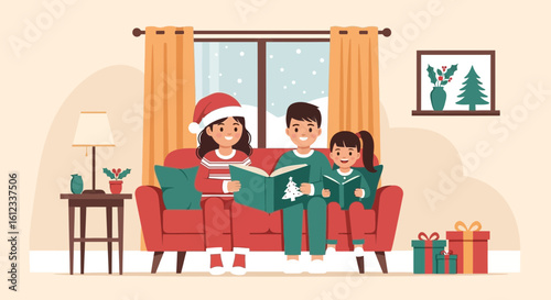Family Enjoying Christmas Storytime Cozy Moments Together Holiday Vector