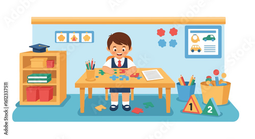 Happy Schoolboy Studying And Playing Educational Games In Classroom Interior