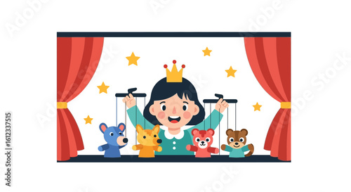 Girl Performing Puppet Show With Toy Animals On Stage In A Theater