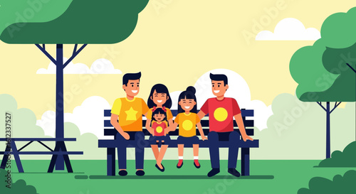Family Enjoying Time Together On Bench In Park During Sunny Day Illustration