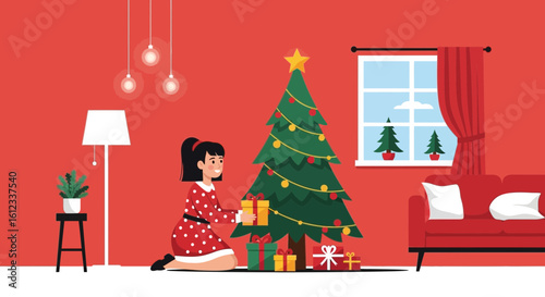 Girl Placing Gift Near Christmas Tree in Living Room Festive Scene