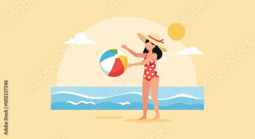 Happy Summer Vacation With Woman Playing Beach Ball At The Sea