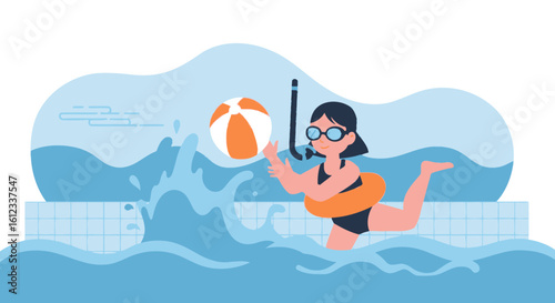Girl Playing Ball In The Swimming Pool Having Summer Vacation Holidays