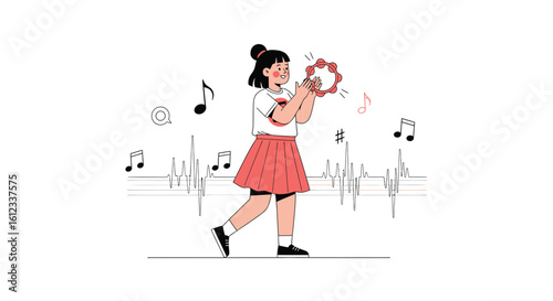 Girl Playing Tambourine Surrounded by Musical Notes and Sound Waves Rhythm
