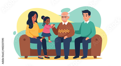 Happy multigenerational family sitting together on a sofa, perfect for family, togetherness, and generational themes.