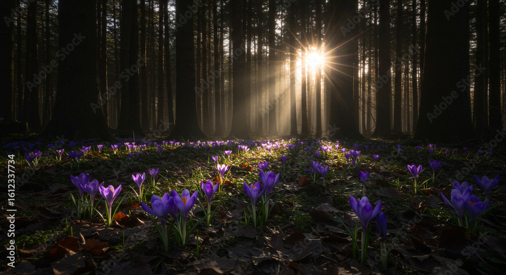 Obraz premium Sunlit Forest with Blooming Purple Crocuses Beneath Tall Trees